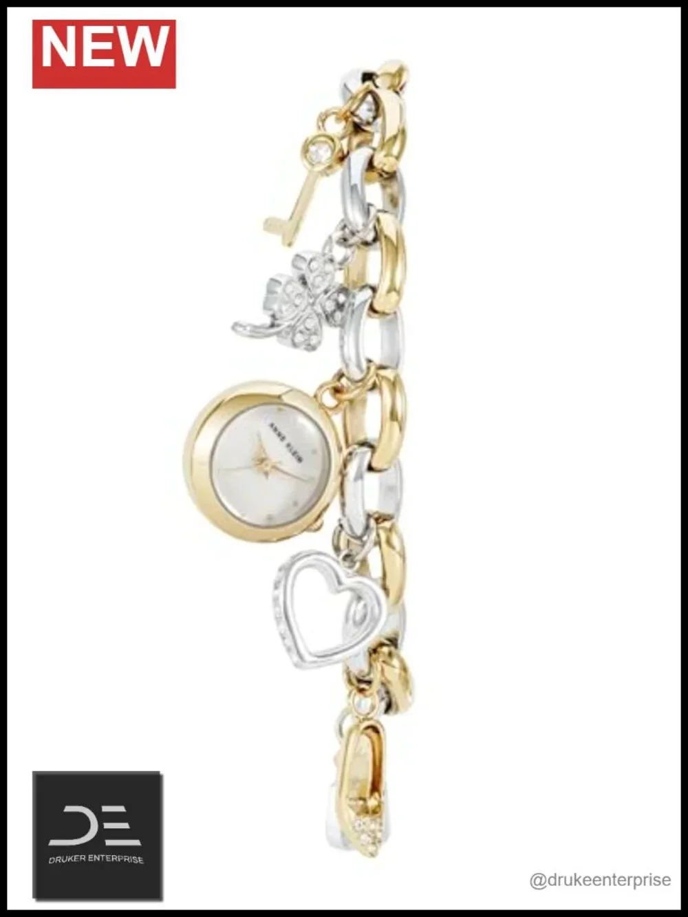 Premium Crystal Accented Gold-Tone Charm Bracelet Watch, Japanese Quartz